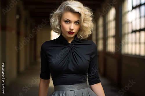Elegant woman with blonde curly hair in a black dress