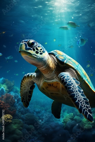 Majestic sea turtle swimming in vibrant underwater world
