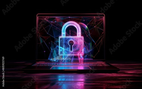 Laptop cyber security concept. Locked laptop screen. Secure personal information and data privacy. Red padlock on the laptop screen. Hacking and login attempts.