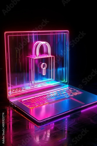 Laptop cyber security concept. Locked laptop screen. Secure personal information and data privacy. Red padlock on the laptop screen. Hacking and login attempts.