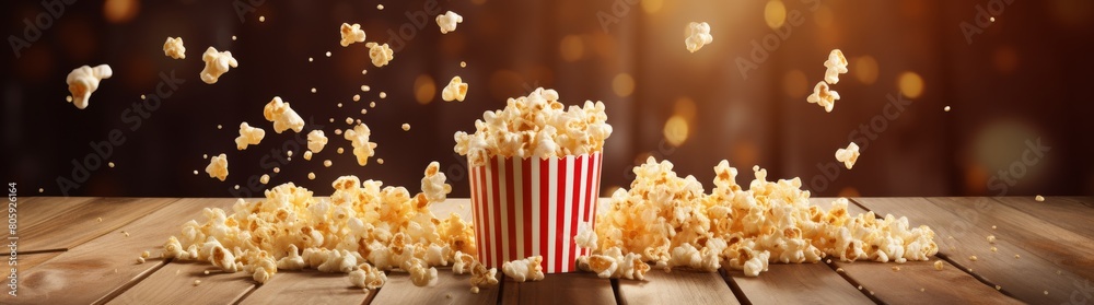Popcorn spilled on wooden table with sparkling lights Popcorn spilled on wooden table with sparkling lights