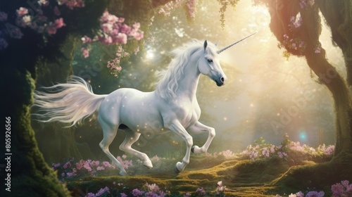 Majestic unicorn in enchanted forest