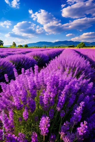 Stunning lavender field landscape with mountains in the background © Balaraw