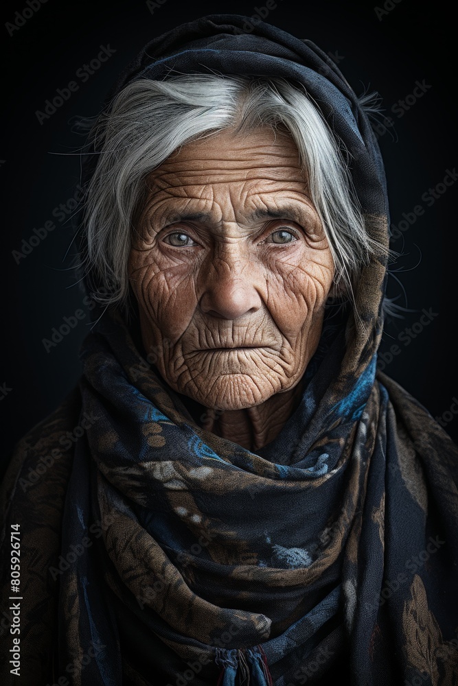 Weathered face of elderly woman in dark scarf