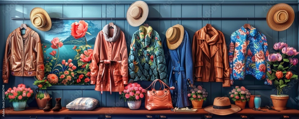 A variety of coats and hats hang on a blue wall with a floral mural.