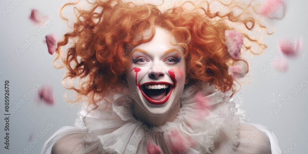 Joyful clown with curly red hair
