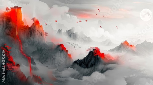 A digital painting of a mountain landscape