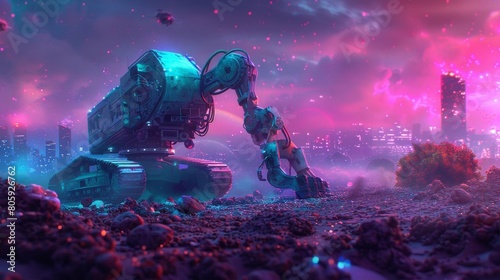A large purple mechanical digger unloads dirt in a futuristic city. The sky is a bright mix of blue and purple. The city is in the background and is covered in bright lights. photo