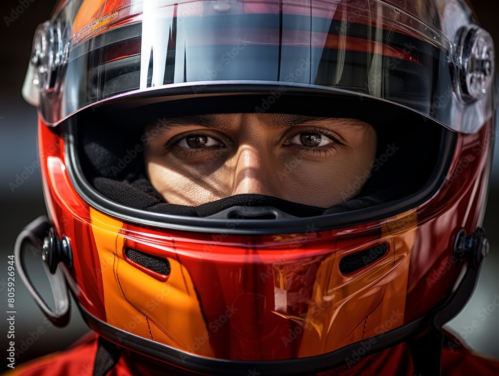 close-up of race car driver in red helmet