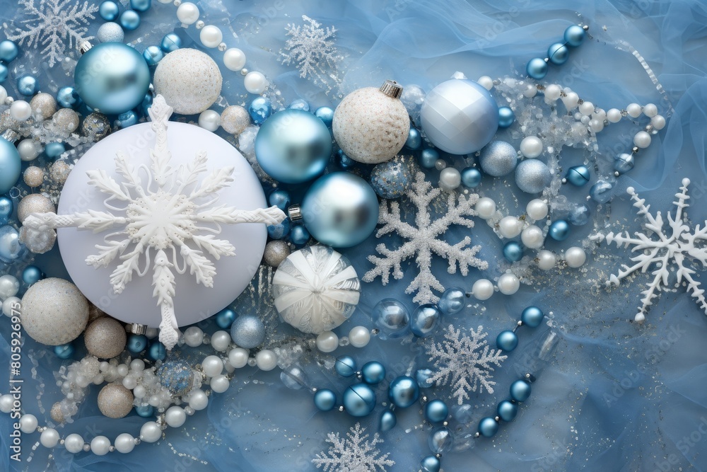 Elegant winter wonderland scene with snowflakes and ornaments Elegant winter wonderland scene with snowflakes and ornaments