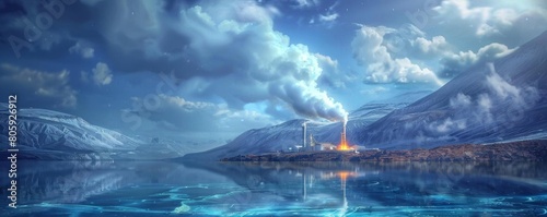 A beautiful winter landscape with a factory on the shore of a frozen lake