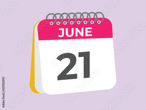 June 21 calendar reminder. 21 June daily calendar icon template. Calendar 21 June icon Design template. Vector illustration
