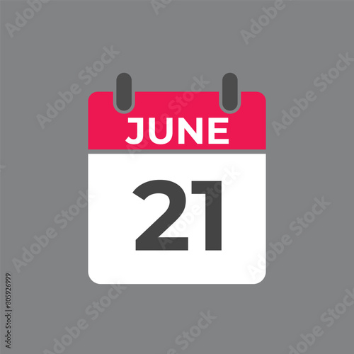 June 21 calendar reminder. 21 June daily calendar icon template. Calendar 21 June icon Design template. Vector illustration
