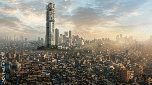 Housing Inequality in the Cityscape: A skyline featuring a towering skyscraper symbolizing opulence, juxtaposed with a sprawling slum below quality of life within the same urban environment.