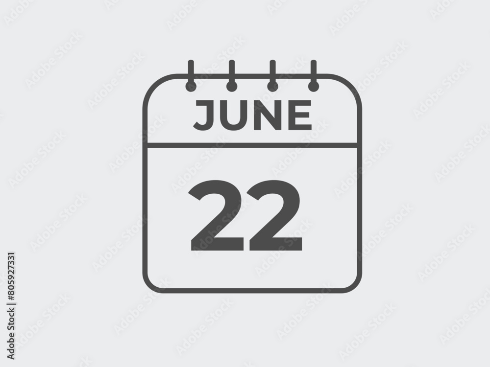 June 22 calendar reminder. 22 June daily calendar icon template. Calendar 22 June icon Design template. Vector illustration
June 22 calendar reminder. 22 June daily calendar icon template. Calendar 22 June icon Design template. Vector illustration