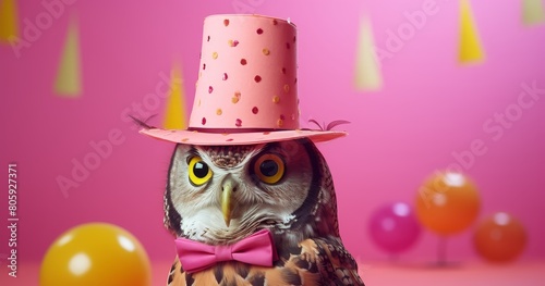 Festive owl in polka dot hat photo