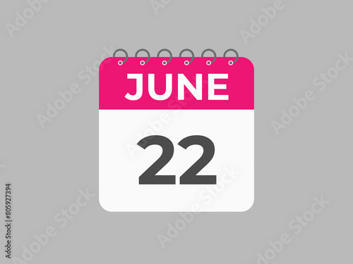 June 22 calendar reminder. 22 June daily calendar icon template. Calendar 22 June icon Design template. Vector illustration
