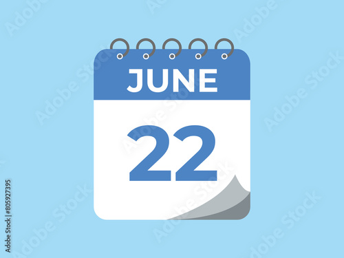 June 22 calendar reminder. 22 June daily calendar icon template. Calendar 22 June icon Design template. Vector illustration
