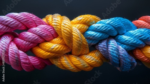 Colored ropes woven on top of each other on a black background. The concept of mutual trust, interaction, communication, cohesion and teamwork. Bright colors.