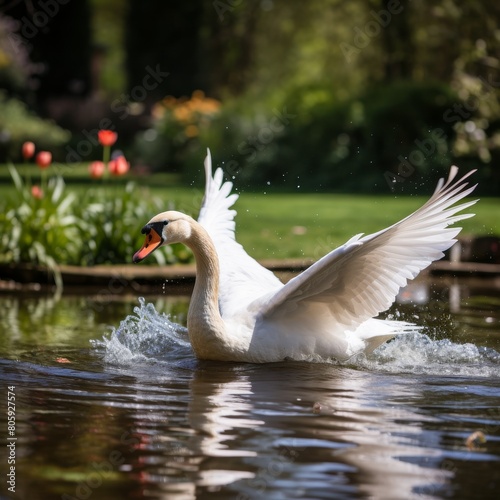 Majestic swan spreading its wings in a tranquil pond