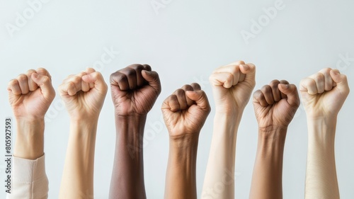 Fists raised up against a light background, only the hands are visible. The concept of resilience, struggle, strength, resistance and unity.