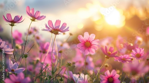 Beautiful scene of blooming pink meadow flowers field at summer sunrise. Generated AI image