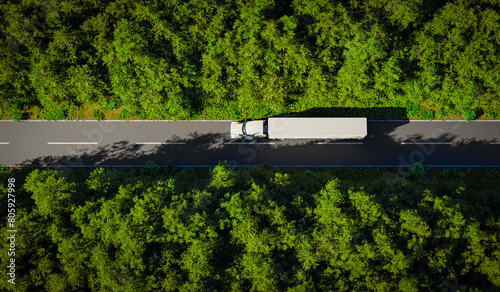 Heavy truck drives on a road that passes through a dense green and healthy forest - 3D illustration