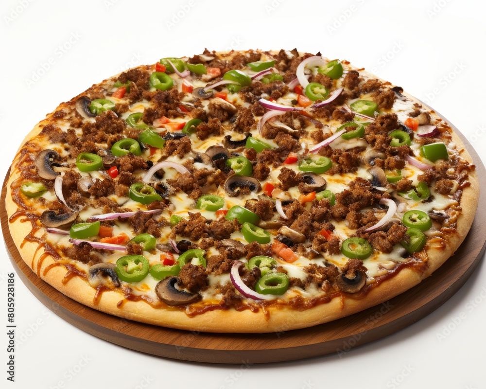 Delicious meat lovers pizza with vegetables