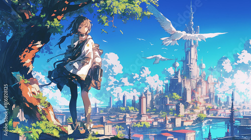 A girl stands on a tree branch in front of a city with a castle in the background. The sky is blue and there are birds flying in the distance