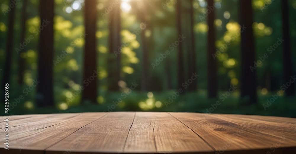 Empty wooden table top with blurred green nature garden background for product placement. Product background Empty wooden table top with blurred green nature garden background for product placement. Product background