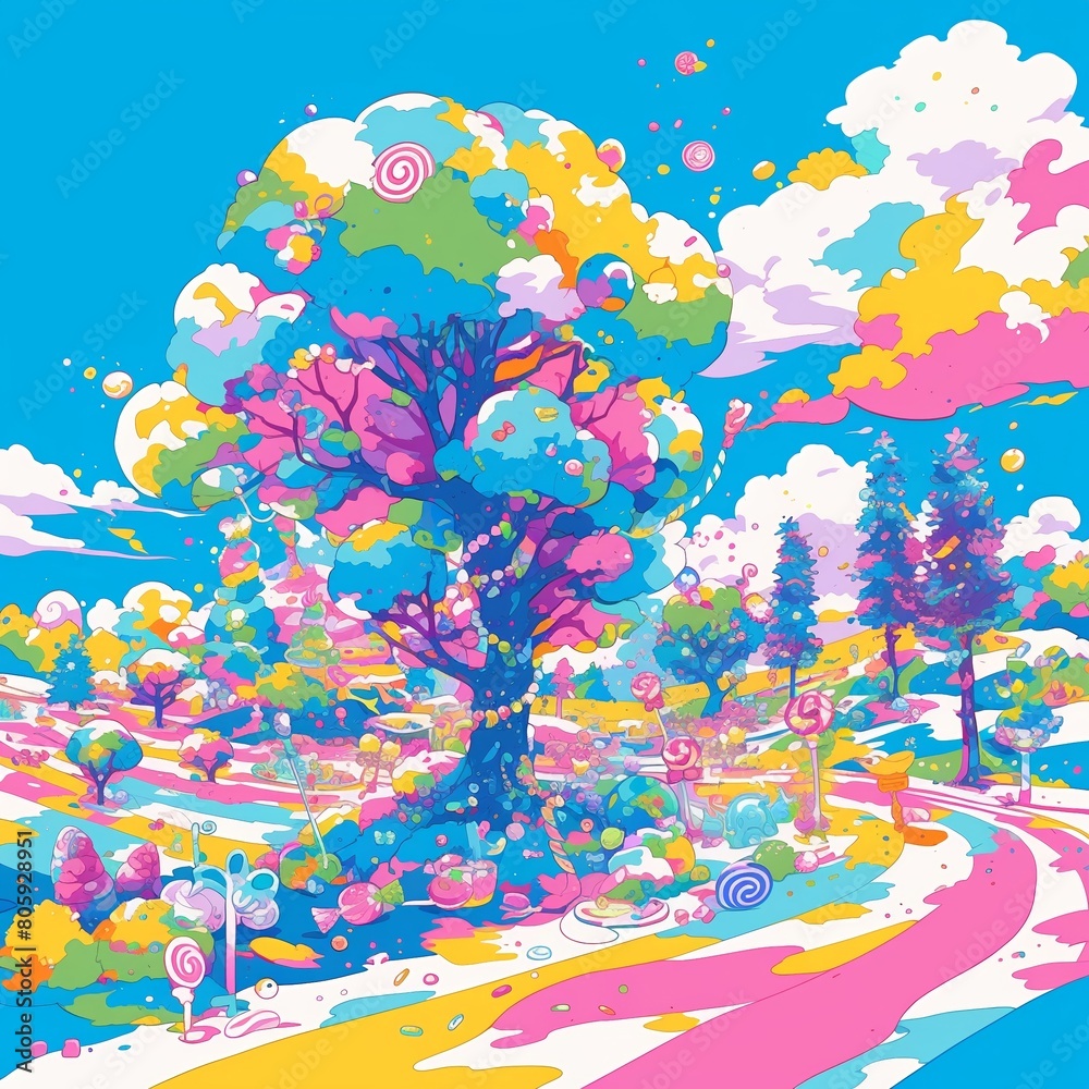 A vibrant illustration of a Candy Forest with trees made of licorice and leaves of gummy bears, under a sky streaked with cotton candy clouds