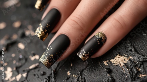 Holiday manicure on long square nails with Golden sequins, black shiny nail Polish and craquelure matte black coating., --ar 16:9 photo