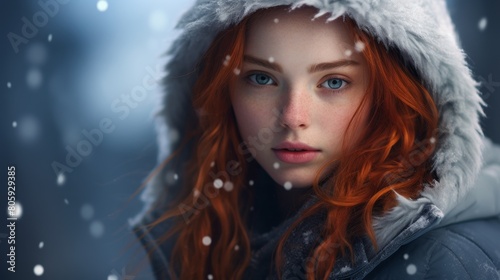 Redheaded woman in winter coat with fur hood