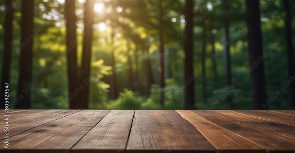 Empty wooden table top with blurred green nature forest background for product placement. Product background Empty wooden table top with blurred green nature forest background for product placement. Product background
