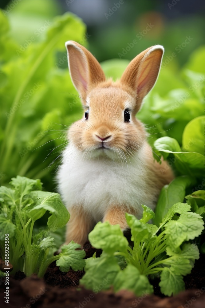 Fototapeta premium Cute rabbit in green foliage