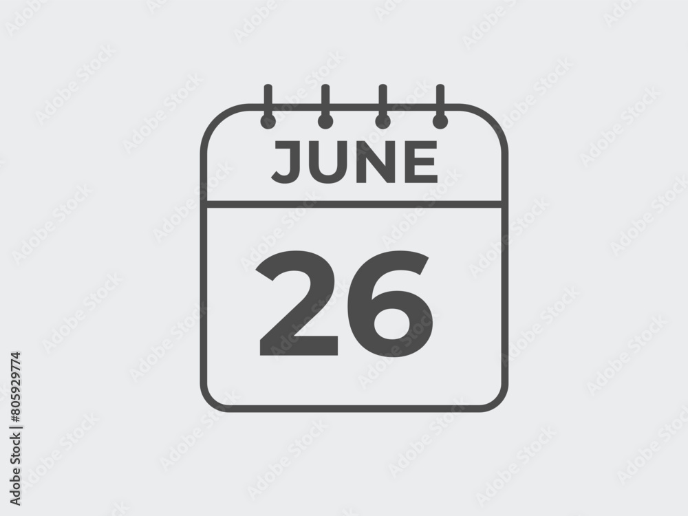 June 26 calendar reminder. 26 June daily calendar icon template. Calendar 26 June icon Design template. Vector illustration
June 26 calendar reminder. 26 June daily calendar icon template. Calendar 26 June icon Design template. Vector illustration
