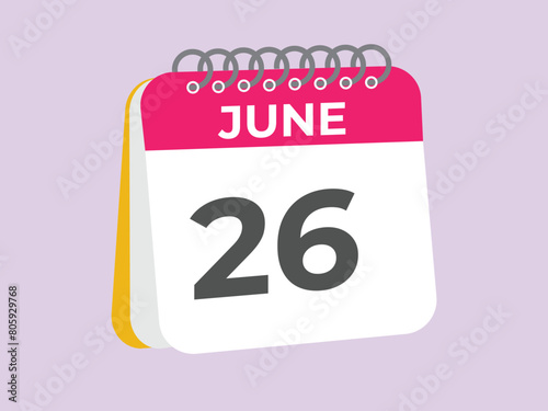 June 26 calendar reminder. 26 June daily calendar icon template. Calendar 26 June icon Design template. Vector illustration
