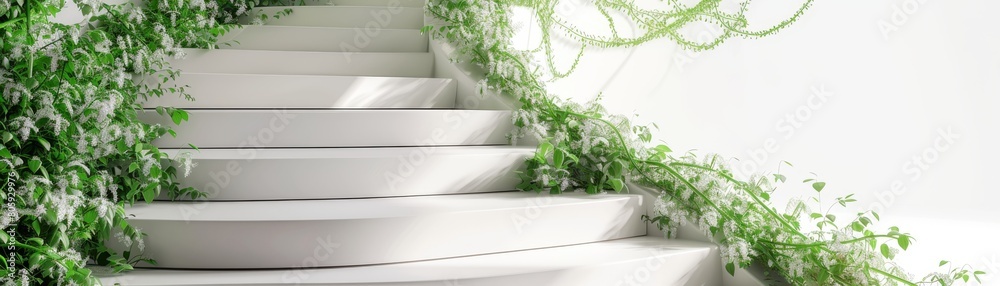 A white staircase with green vines growing up the steps A white staircase with green vines growing up the steps