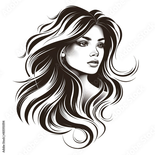 Artistic black and white drawing of a womans face with long  layered hair