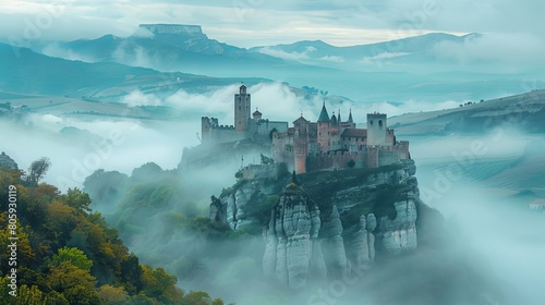Medieval Castle Overlooking a Mist-Shrouded Valley  Sentinels of History Standing Guard Amidst Mystic Fog