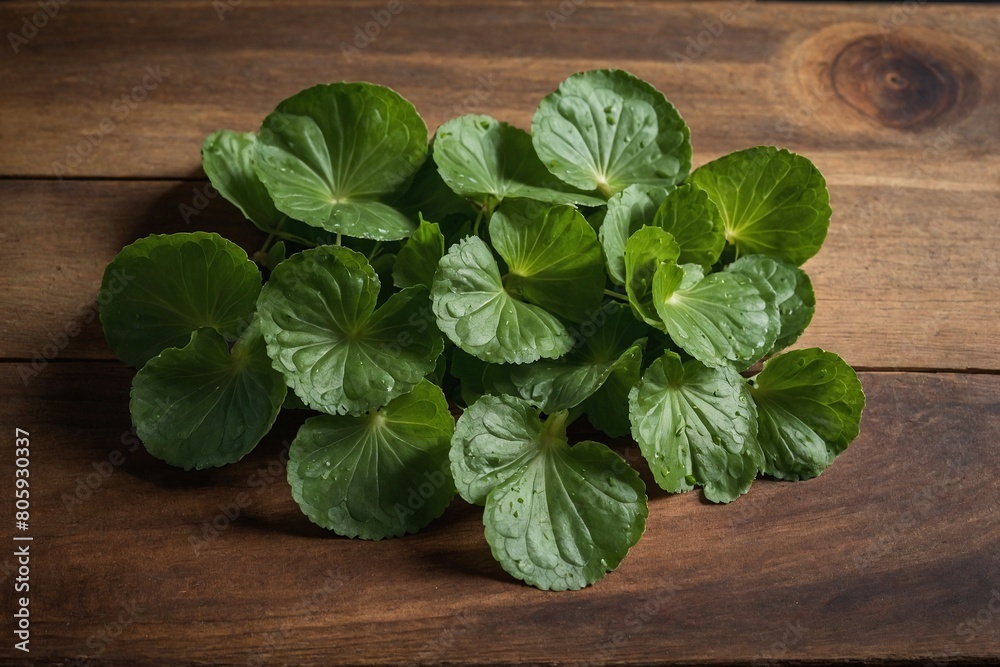 Freshly picked Centella Asiatica leaves arranged neatly on a wooden board Freshly picked Centella Asiatica leaves arranged neatly on a wooden board