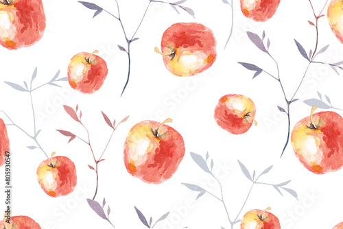 Seamless pattern apple and leaf painted watercolor.Designed for fabric luxurious and wallpaper, vintage style.Botanical pattern illustration.Fruit pattern background. © joy8046