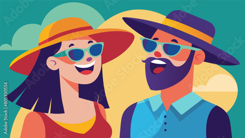 The couple giggles as they try on oversized hats and sunglasses creating funny voices and characters for each.. Vector illustration