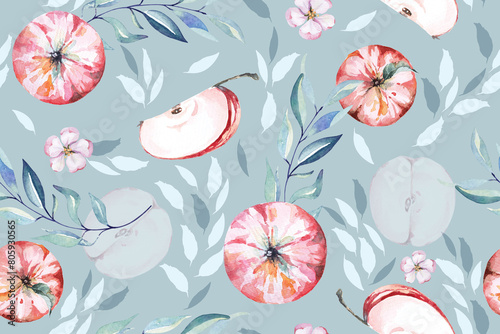 Seamless pattern apple and flower painted watercolor.Designed for fabric luxurious and wallpaper, vintage style.Hand drawn floral pattern illustration.Fruit pattern background. © joy8046
