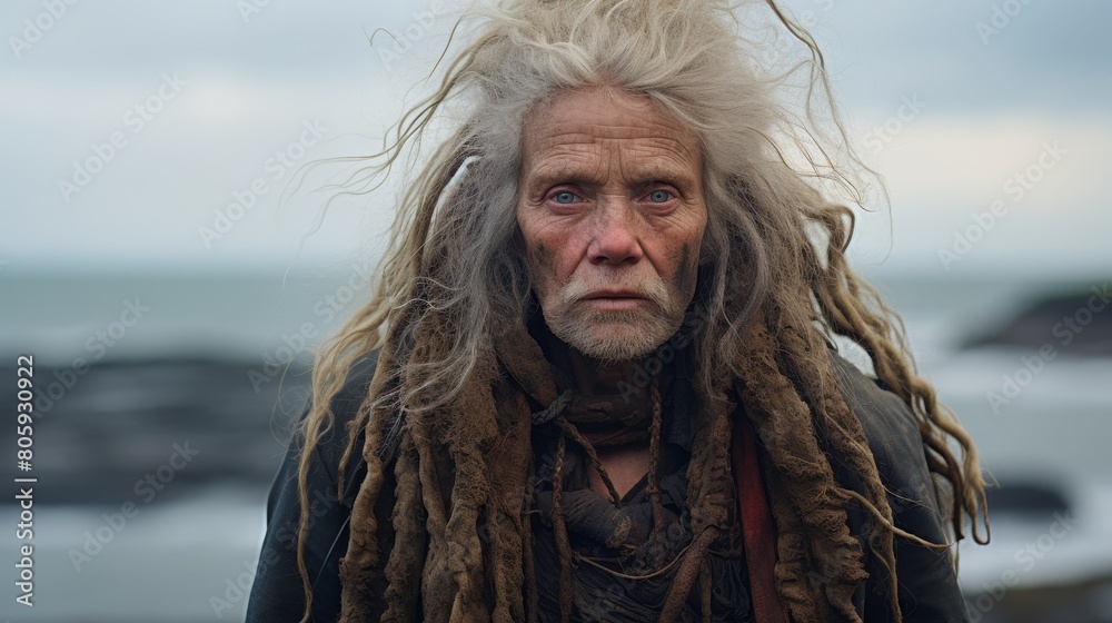 Fototapeta premium weathered elderly man with long gray hair and beard looking intensely at the camera