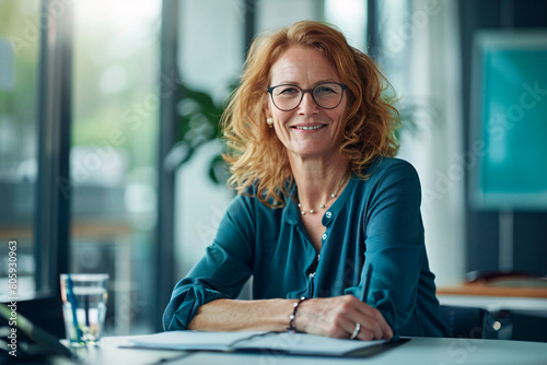 Cheerful mature woman with glasses, sitting at an office desk with high-tech surroundings in a bright workspace photo