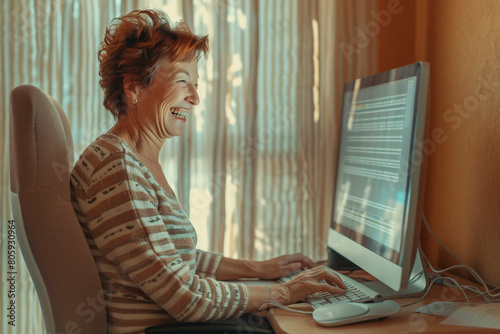 An elderly woman laughs while using a computer at home, providing a sense of joy and comfort with technology in later life photo