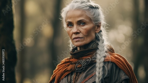 Weathered face of an elderly woman with braided silver hair