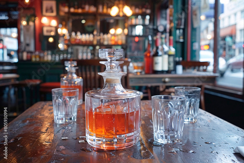 An elegant whiskey decanter and glasses set on a rustic wooden table against the backdrop of an atmospheric pub interior