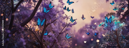 Otherworldly landscape with amethyst trees and iridescent butterflies, a realm of fantasy.